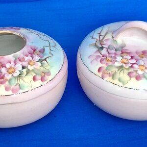 Vintage Hand-Painted Porcelain Powder Jar & Hair Receiver Set